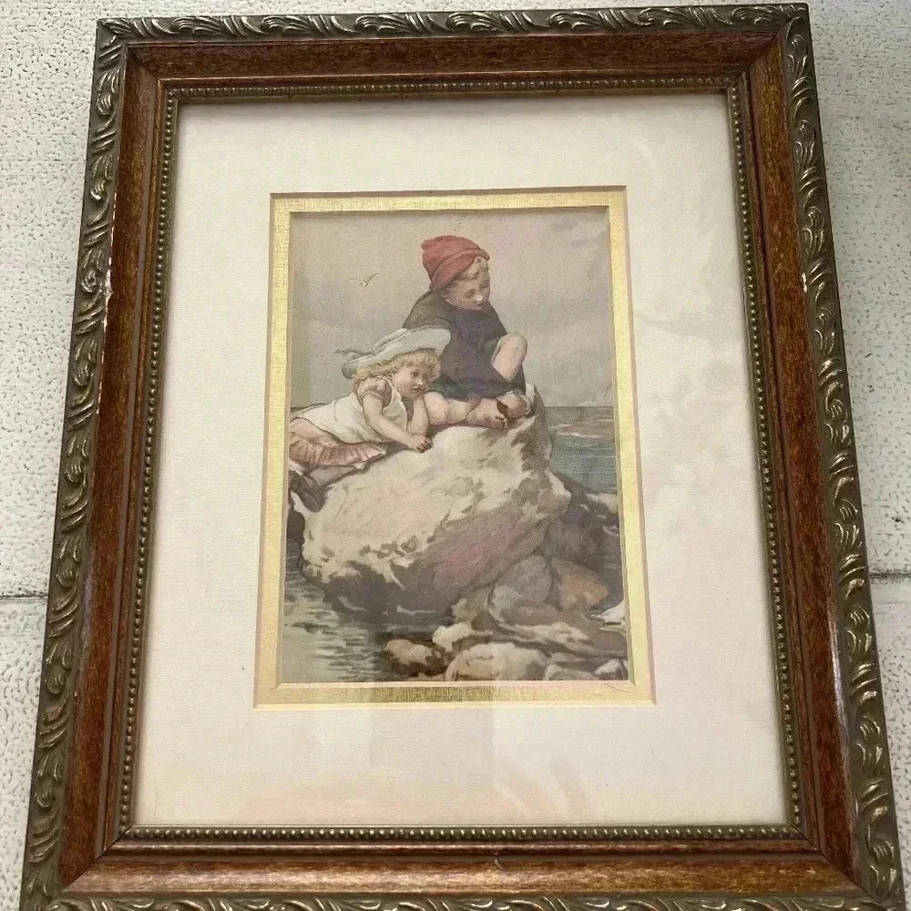 Vintage Wood Framed Matted Picture of Kids by the Water - Picture 4 of 5